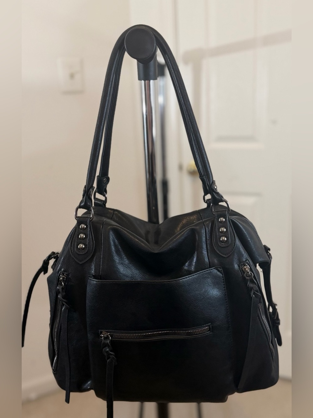 Oversized Slouchy Motorcycle Tote Bag Black Vegan Leather Hobo
